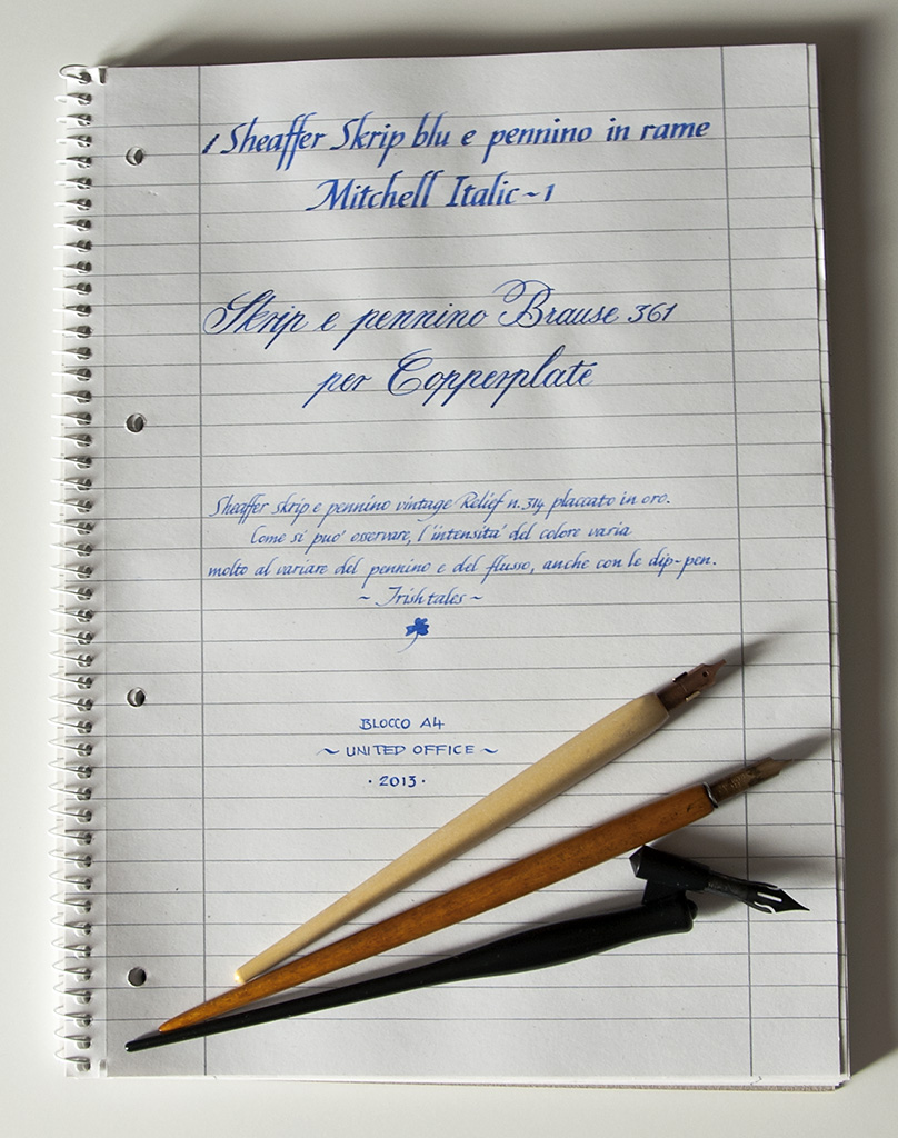 Sheaffer Skrip blu - test con dip pens su carta United Office economica.jpg