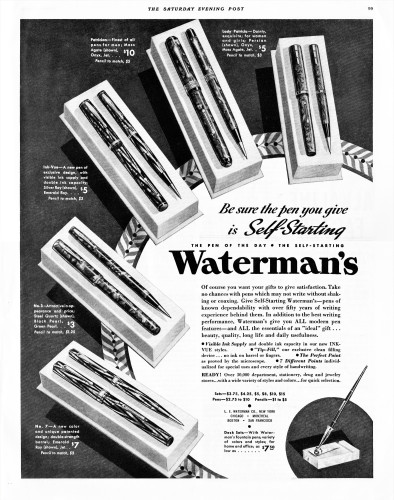 30. WATERMAN - 1935.12.14.  No. 7, No. 3, Ink-vue Silver ray, Patrician, Lady Patricia SET, Desk set. The Saturday Evening Post, p.99.jpg