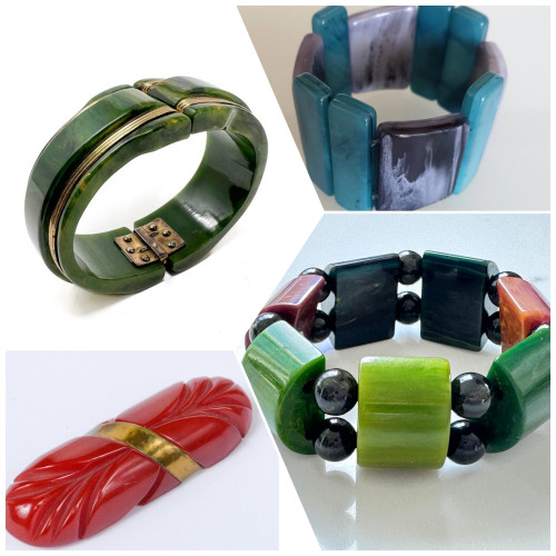 bracciali e spilla in bachelite