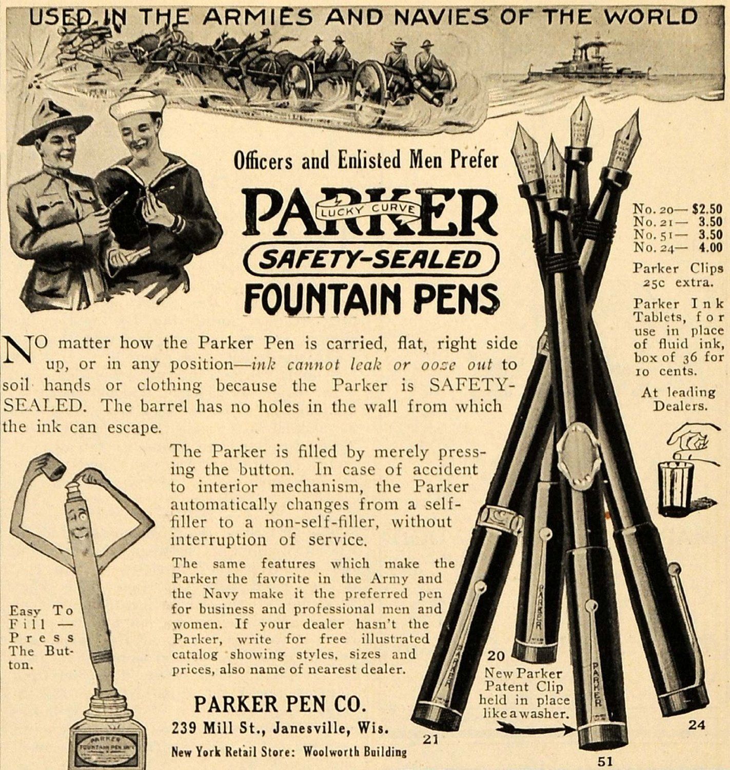 1918 Ad Lucky Curve Parker Fountain Pens WWI Navy Army - Original Print Ad.jpg