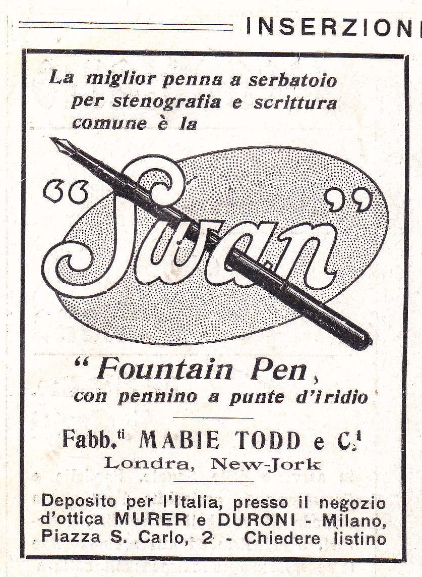 3. SWAN - Swan-pen - GIOVINEZZA 1909-04-01 - Anno I - N.8 - Rivista illustrata per la gioventù italiana - quarta di copertina.jpg