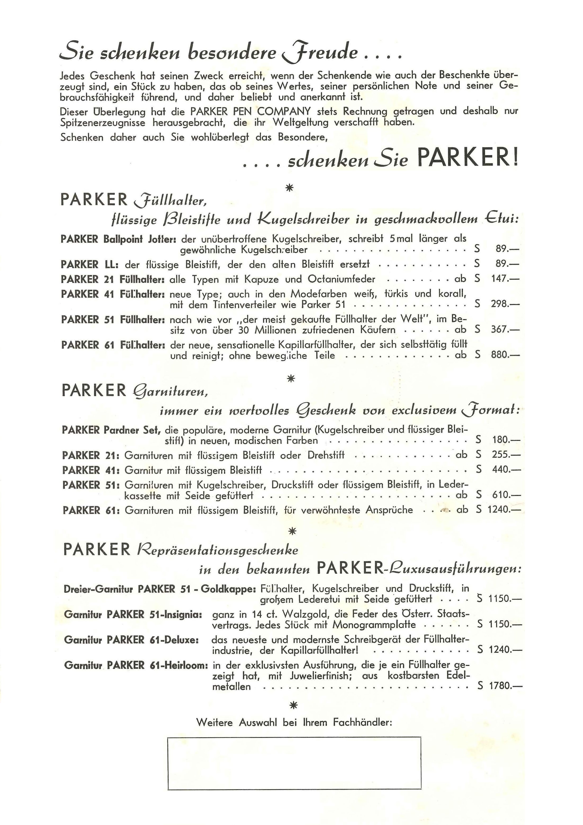 PARKER - 51 e penna a sfera Pubblicità retro - Listino prezzi vari modelli - Austria probabilmente Natale 1957..jpg